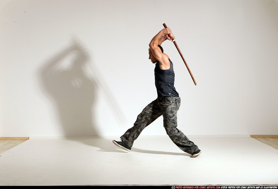 Man Adult Athletic White Fighting with sword Moving poses Army