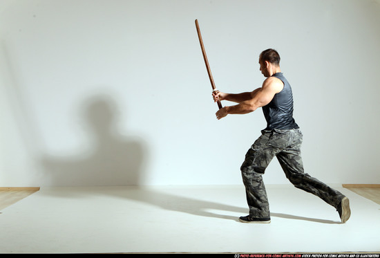 Man Adult Athletic White Fighting with sword Moving poses Army