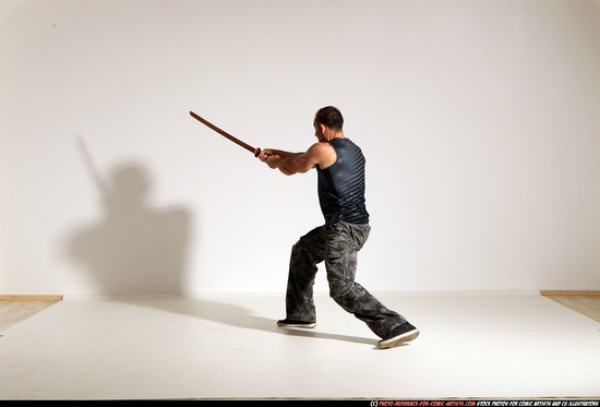 Man Adult Athletic White Fighting with sword Moving poses Army