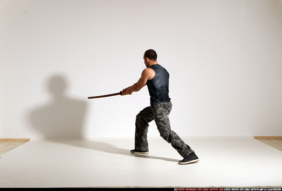 Man Adult Athletic White Fighting with sword Moving poses Army