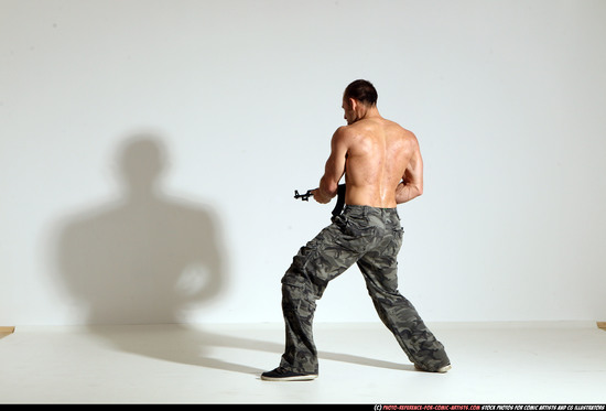 Man Adult Athletic White Fighting with submachine gun Moving poses Pants