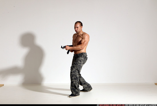 Man Adult Athletic White Fighting with submachine gun Moving poses Pants