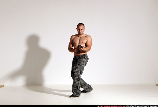 Man Adult Athletic White Fighting with submachine gun Moving poses Pants