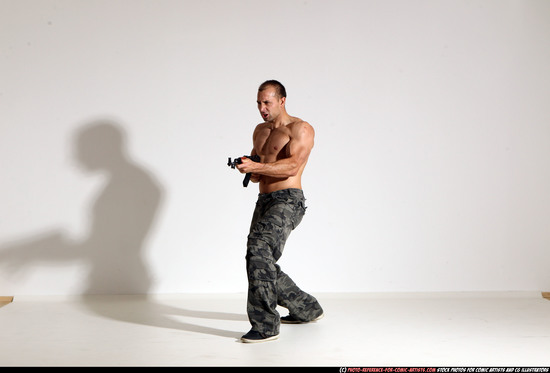 Man Adult Athletic White Fighting with submachine gun Moving poses Pants