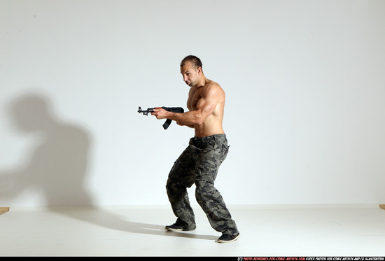 Man Adult Athletic White Fighting with submachine gun Moving poses Pants