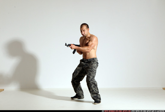 Man Adult Athletic White Fighting with submachine gun Moving poses Pants