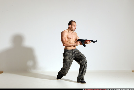 Man Adult Athletic White Fighting with submachine gun Moving poses Pants