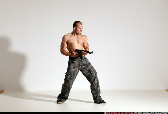 Man Adult Athletic White Fighting with submachine gun Moving poses Pants