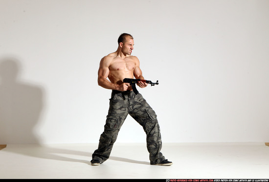 Man Adult Athletic White Fighting with submachine gun Moving poses Pants