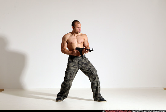 Man Adult Athletic White Fighting with submachine gun Moving poses Pants