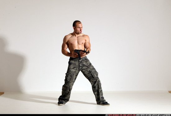 Man Adult Athletic White Fighting with submachine gun Moving poses Pants