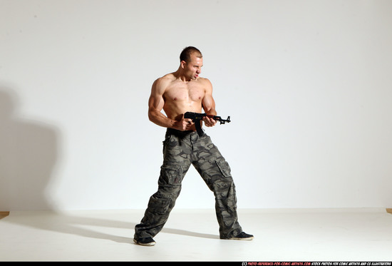 Man Adult Athletic White Fighting with submachine gun Moving poses Pants