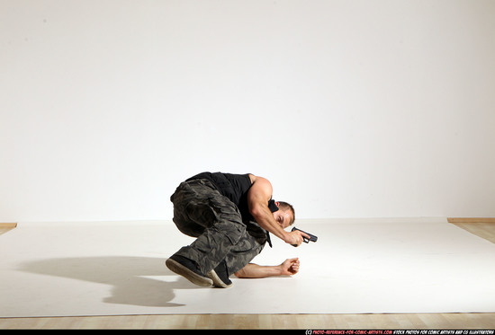 Man Adult Athletic White Fighting with gun Moving poses Army