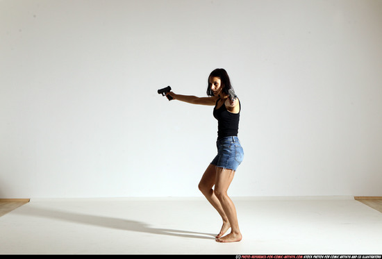 Woman Young Athletic White Fighting with gun Moving poses Casual