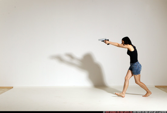 Woman Young Athletic White Fighting with gun Moving poses Casual