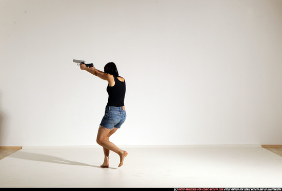 Woman Young Athletic White Fighting with gun Moving poses Casual