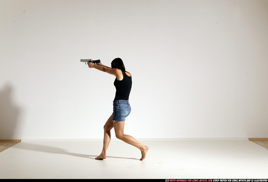 Woman Young Athletic White Fighting with gun Moving poses Casual