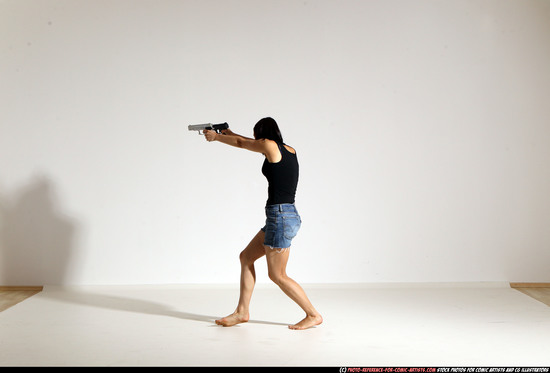 Woman Young Athletic White Fighting with gun Moving poses Casual