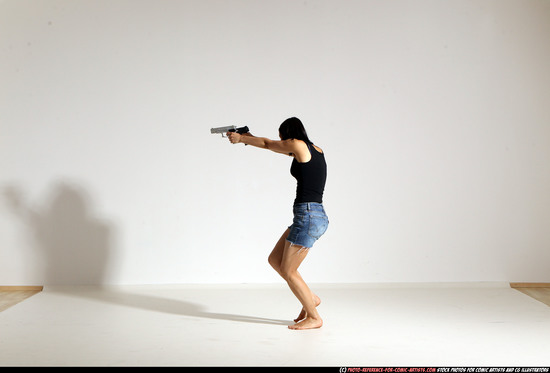 Woman Young Athletic White Fighting with gun Moving poses Casual