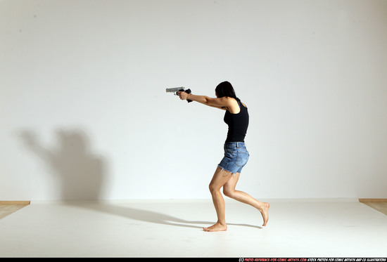 Woman Young Athletic White Fighting with gun Moving poses Casual