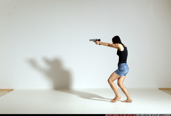 Woman Young Athletic White Fighting with gun Moving poses Casual