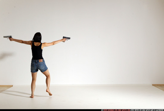 Woman Young Athletic White Fighting with gun Moving poses Casual