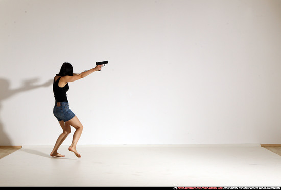 Woman Young Athletic White Fighting with gun Moving poses Casual