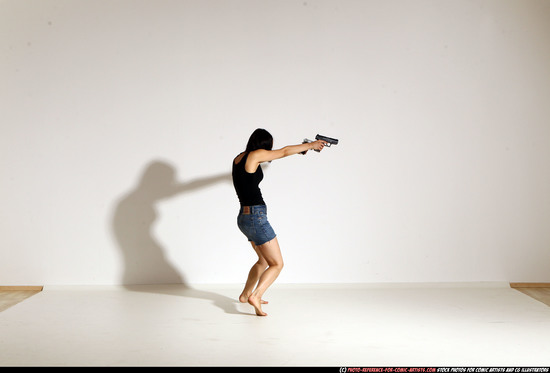 Woman Young Athletic White Fighting with gun Moving poses Casual