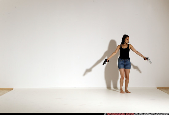 Woman Young Athletic White Fighting with gun Moving poses Casual