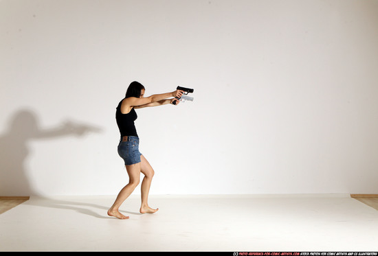 Woman Young Athletic White Fighting with gun Moving poses Casual