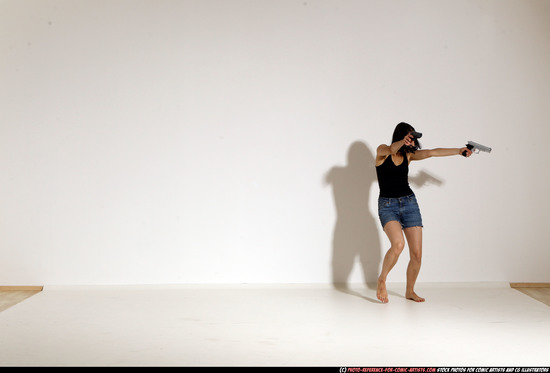 Woman Young Athletic White Fighting with gun Moving poses Casual