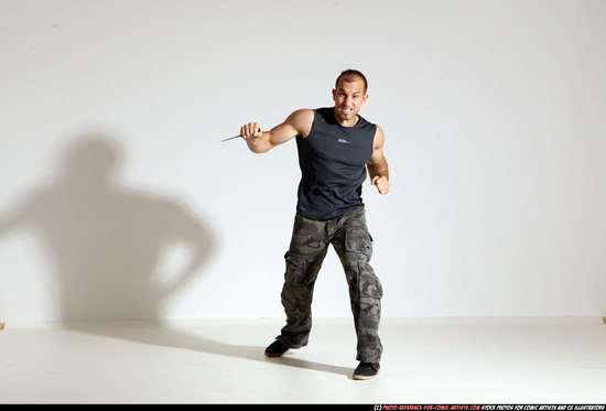 Man Adult Athletic White Fighting with knife Moving poses Army