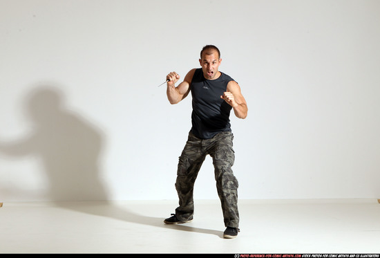 Man Adult Athletic White Fighting with knife Moving poses Army