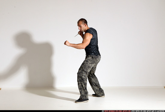 Man Adult Athletic White Fighting with knife Moving poses Army