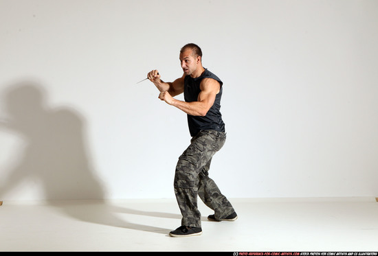 Man Adult Athletic White Fighting with knife Moving poses Army