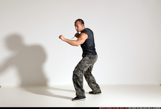 Man Adult Athletic White Fighting with knife Moving poses Army