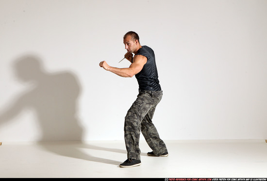 Man Adult Athletic White Fighting with knife Moving poses Army