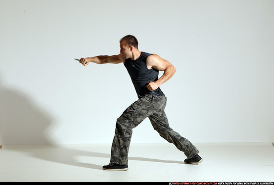 Man Adult Athletic White Fighting with knife Moving poses Army