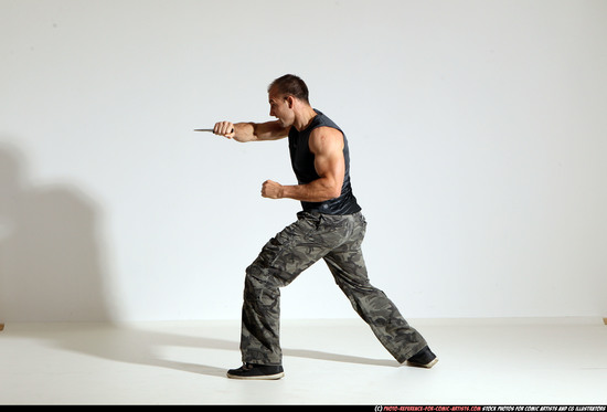 Man Adult Athletic White Fighting with knife Moving poses Army