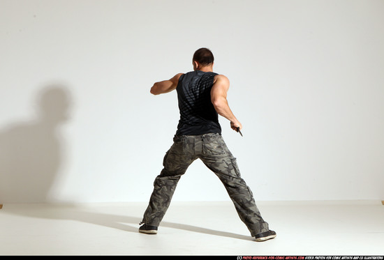 Man Adult Athletic White Fighting with knife Moving poses Army