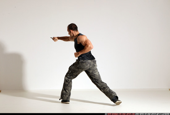 Man Adult Athletic White Fighting with knife Moving poses Army