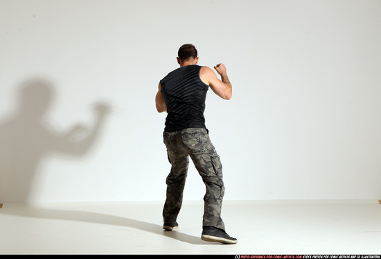 Man Adult Athletic White Fighting with knife Moving poses Army