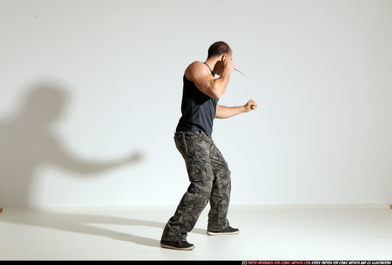 Man Adult Athletic White Fighting with knife Moving poses Army