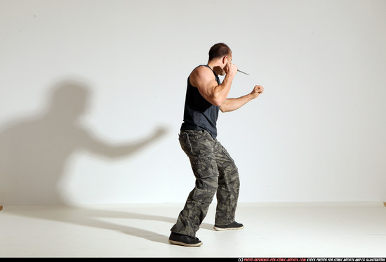 Man Adult Athletic White Fighting with knife Moving poses Army