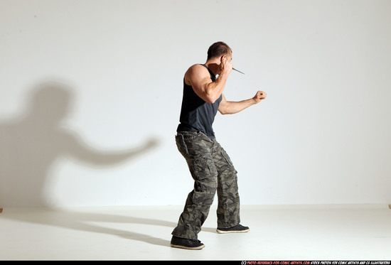 Man Adult Athletic White Fighting with knife Moving poses Army