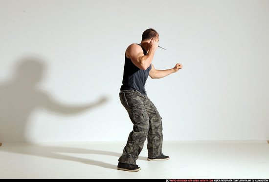 Man Adult Athletic White Fighting with knife Moving poses Army