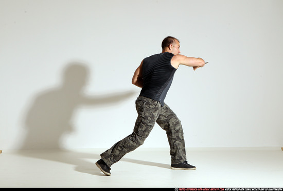 Man Adult Athletic White Fighting with knife Moving poses Army