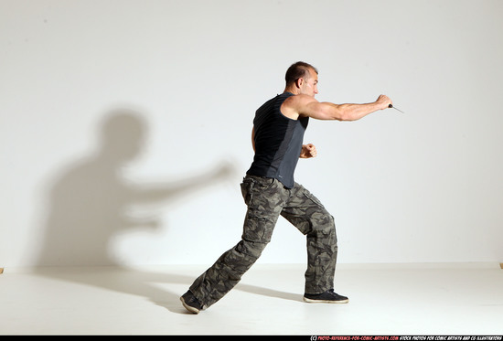 Man Adult Athletic White Fighting with knife Moving poses Army