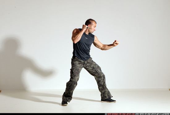 Man Adult Athletic White Fighting with knife Moving poses Army