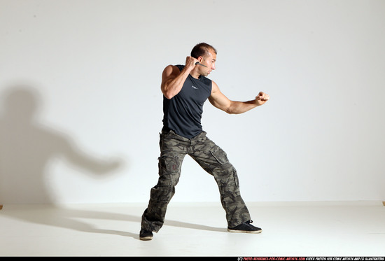 Man Adult Athletic White Fighting with knife Moving poses Army